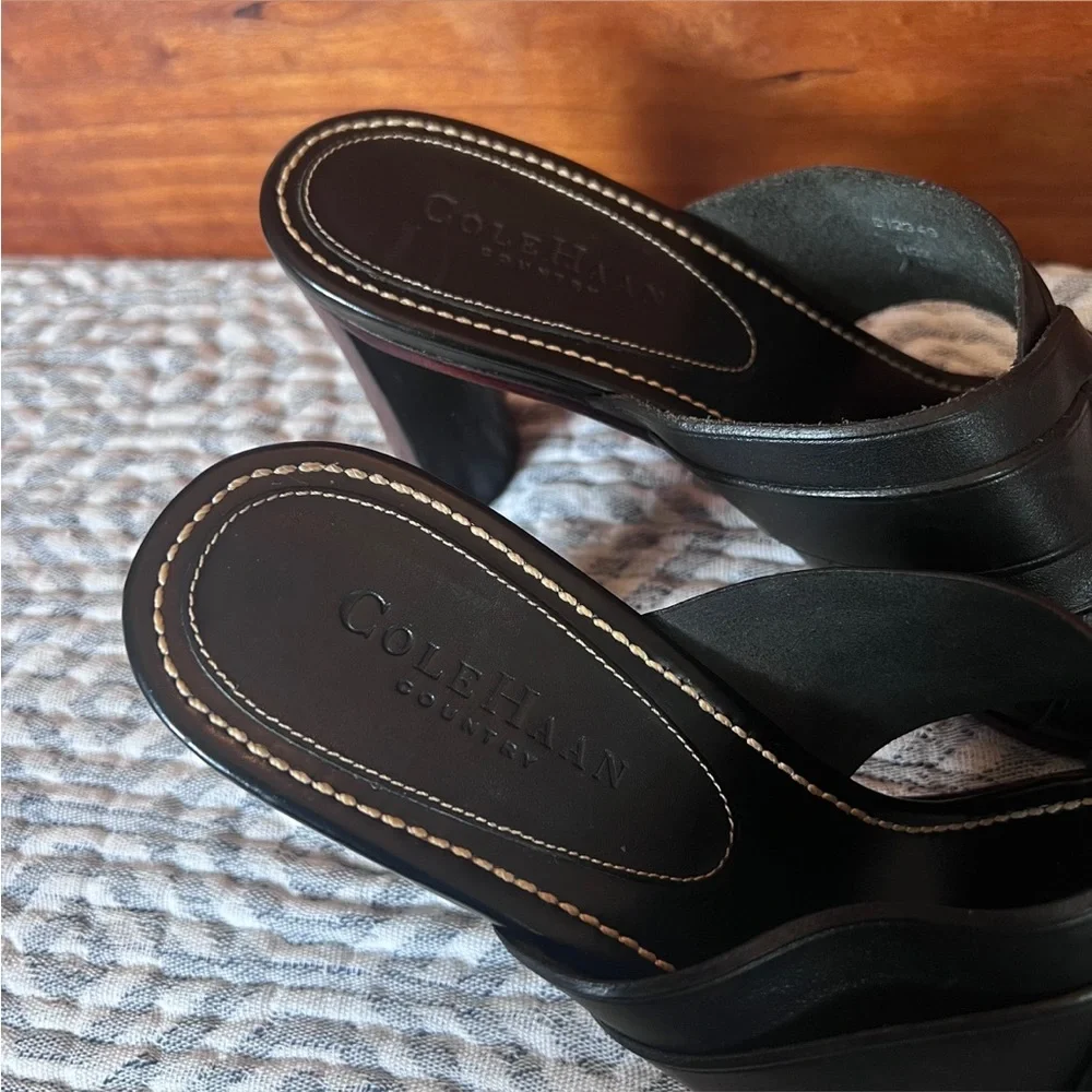 COLE HANN COUNTRY Black Leather Block Heel Slide Mule Sandals Size 8.5 - Picture 12 of 14